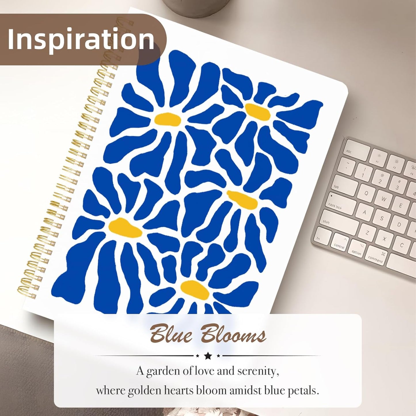 Cute Spiral Notebook journal A4 Aesthetic Pretty Design for Women Girls Kawaii with Pocket, 8.5 x 11 inch, Graph, Blue Flower