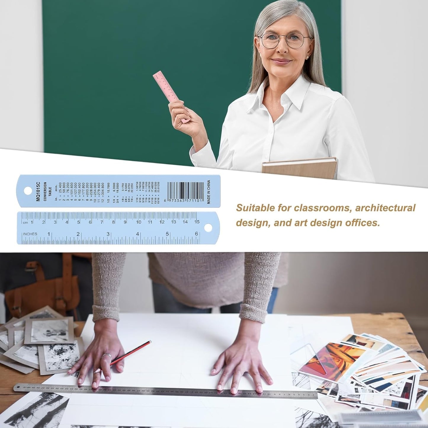 HARFINGTON 2pcs Metal Straight Ruler 15cm Metric SAE Aluminum Alloy Measuring Rulers Scale Tool with Hole for Measure Study Reading Classroom Office, Light Blue