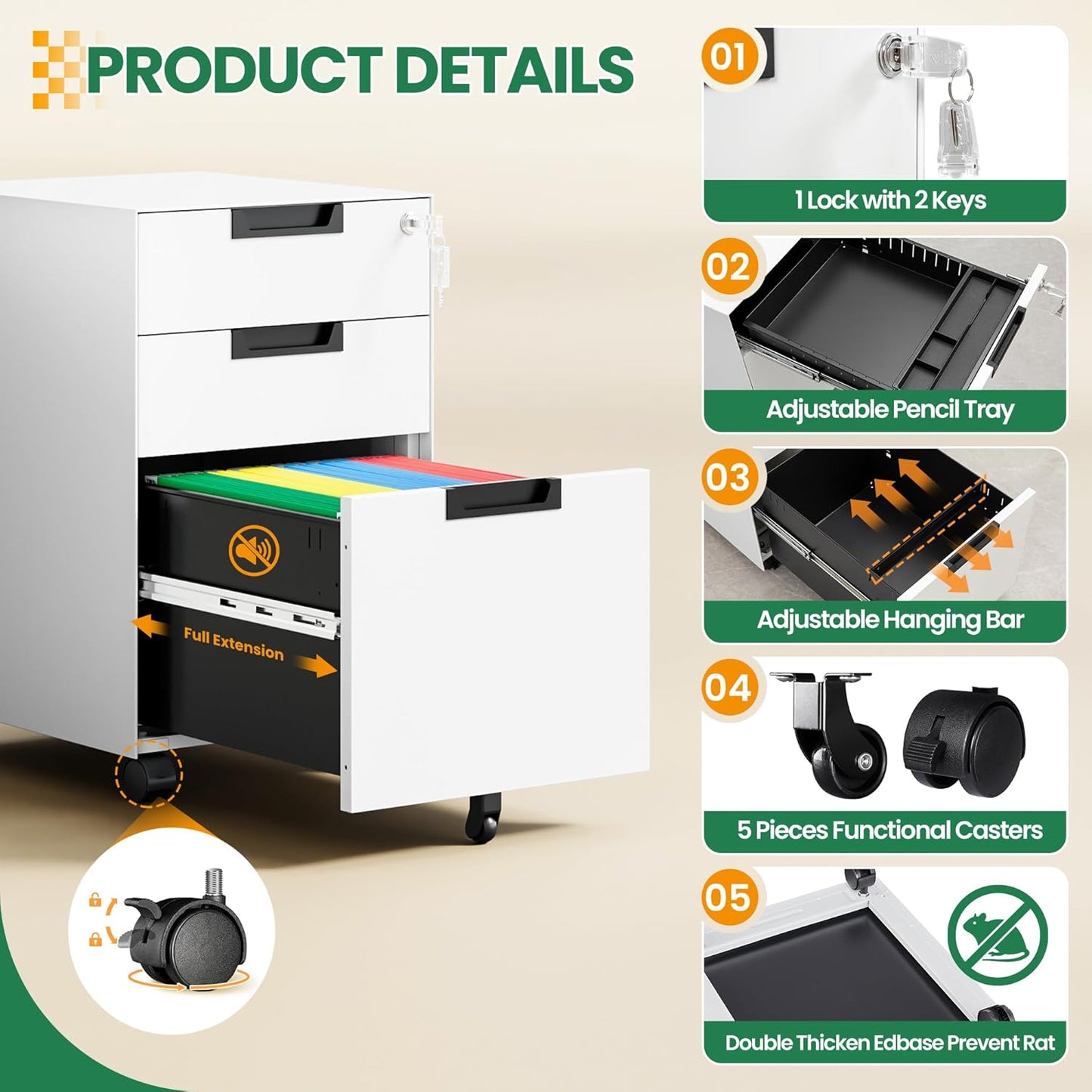 Mobile File Cabinet,3 Drawer Locking Storage Filing Cabinet,Office Metal Storage Cabinet on Wheels for Legal/Letter/A4 File(Fully Assembled，White)