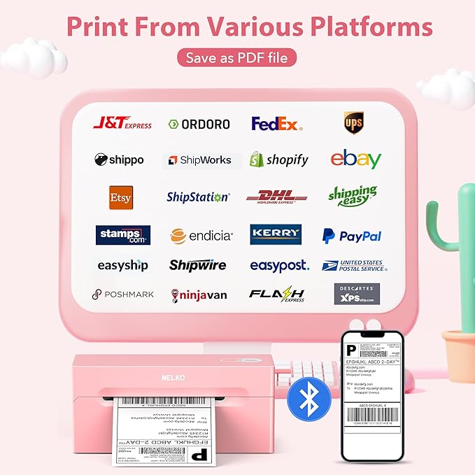 Nelko Bluetooth Thermal Shipping Label Printer, Wireless 4x6 Shipping Label Printer for Shipping Packages, Support Android, iPhone and Windows, Widely Used for Amazon, Ebay, Shopify (Pink)