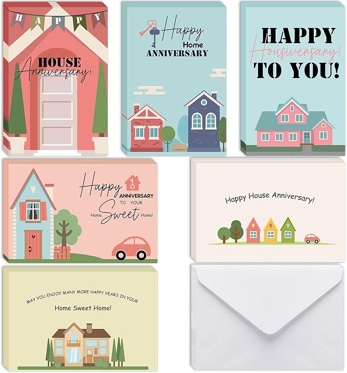 48 Pcs Happy Home Anniversary Cards with Envelopes Bulk Blank Welcome House Cards Real Estate Thank You Notes Housewarming Gifts for Clients Neighbors, 4 x 6 in(Classic)