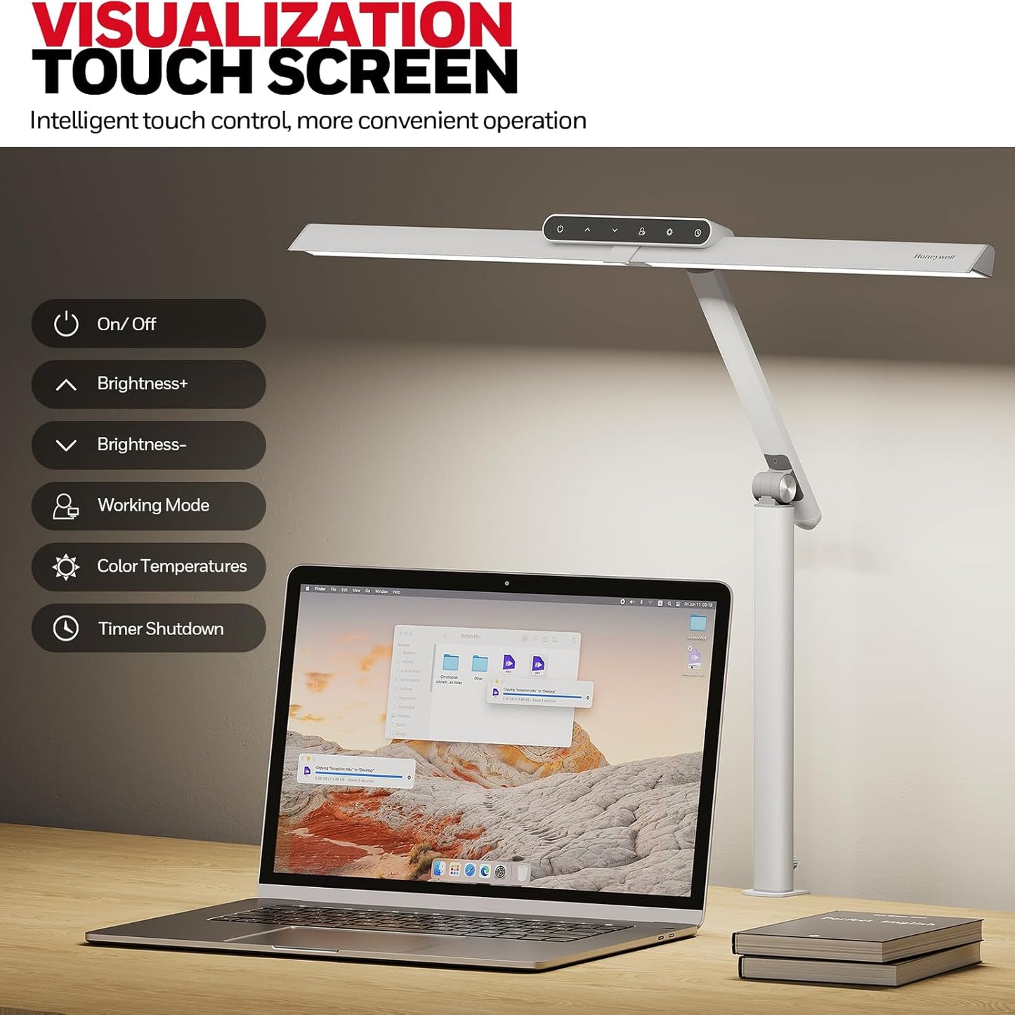 Honeywell LED Desk Lamp with Clamp - HJ1 Sunturalux Eye-Caring Clip on Lights for Home Office, 1200LM Clamp Lamp 4 Color Modes Stepless Dimming Task Desk Light for Working White