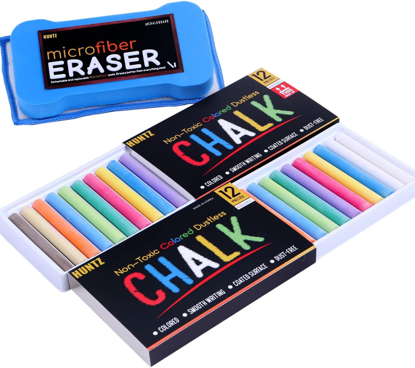 Huntz Dustless Chalk With Microfiber Eraser (Washable & Reusable) (24 Multi-Color Chalks + Eraser)