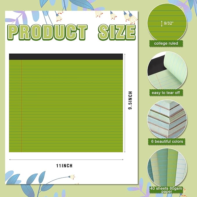 Lincia 6 Pcs 11" x 9.5" Legal Pads College Ruled Notepad Landscape Notebook Horizontal Lined Notebook 80 Gsm Assorted Colors Paper Pastel Writing Pads for School Office, 40 Sheet (Gradient Green)