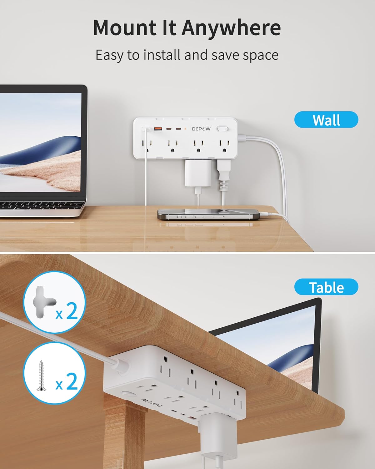 2 Prong Power Strip, 2 to 3 Prong Outlet Adapter with 8 AC & 4 USB Ports (2 USB C), 5FT Extension Cord, 1700J Two Prong Surge Protector, Wall Mountable, Ideal for Old House Non-Grounded Outlets