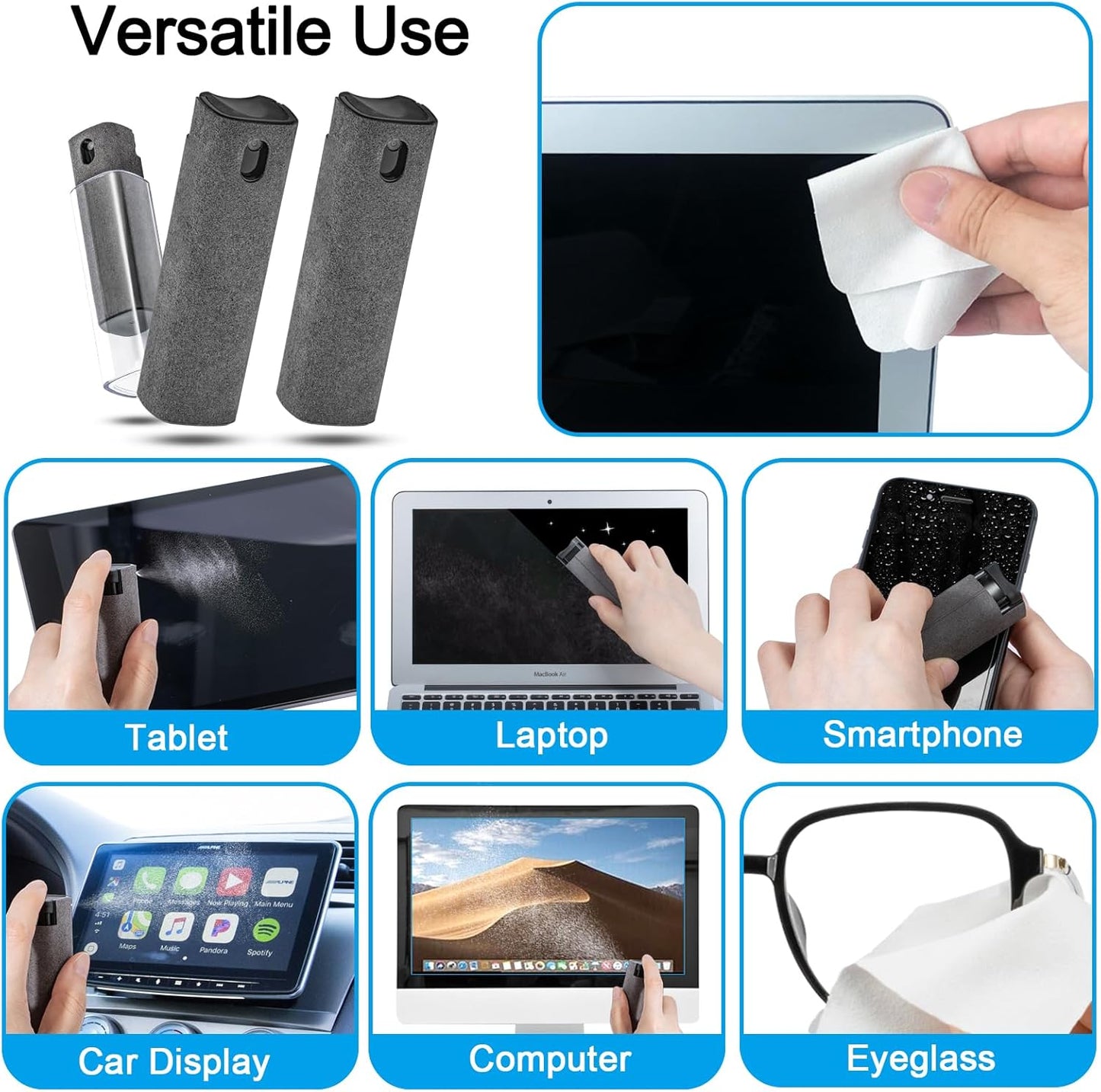 walrfid 3 Pack Screen Cleaner, Car Screen Cleaner Spray and Wipe, Computer Laptop Cleaning Kit for Electronic iPad, iPhone, Cellphone, Monitor, MacBook, Car Display, Tablet, TV Flat Screens, Grey