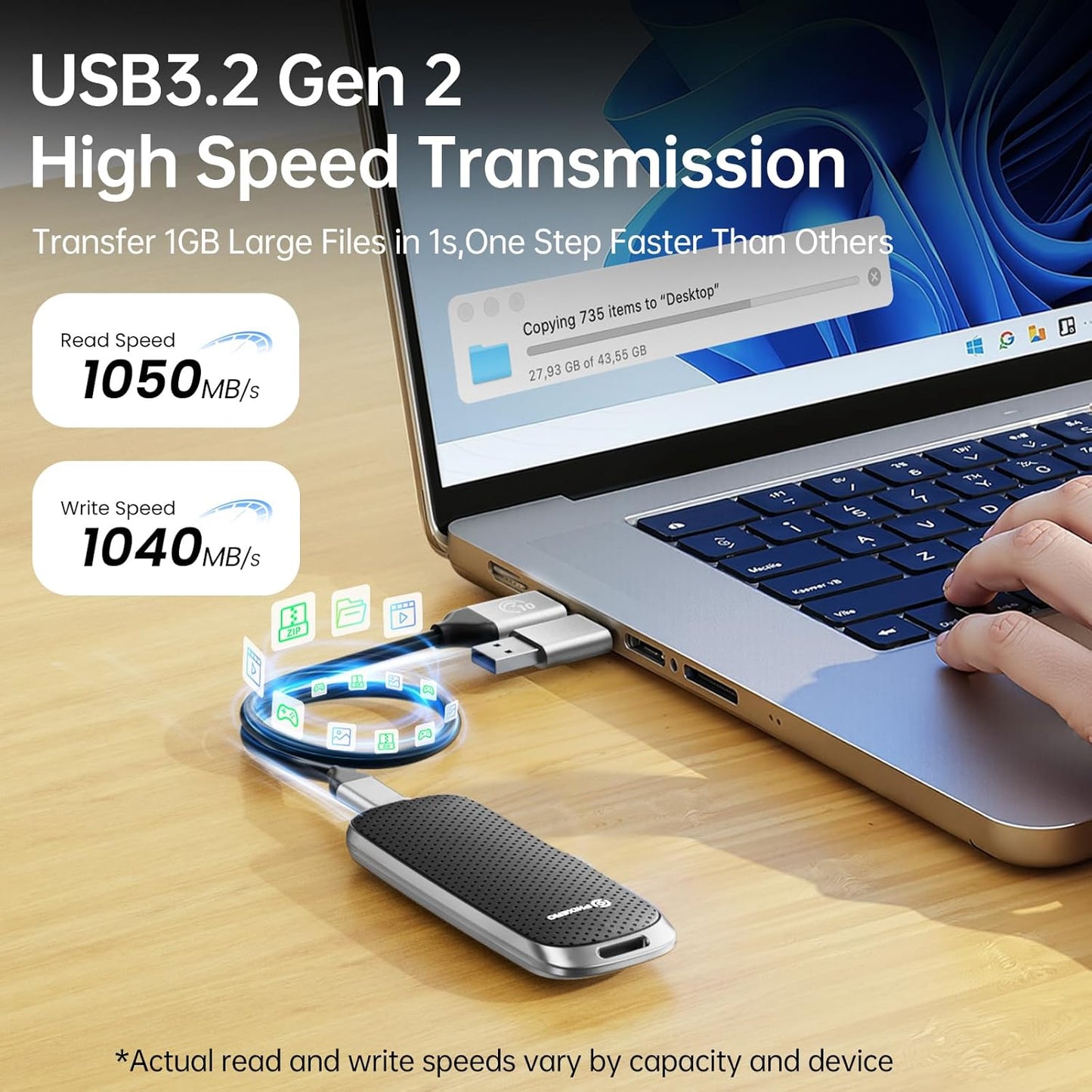 PHIXERO P10PRO External NVMe SSD 512GB, Up to 1050MB/s, USB 3.2 Gen2, Includes 2-in-1 USB C Cable, Portable Hard Drive for iPhone 15+/Android/Windows/Mac, Black