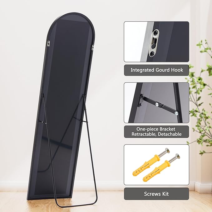 Arched Full Length Mirror, 64"×21" Floor Mirror with Stand, Large Full Length Mirrors for Home Wall Decor, Arched Mirrors for Bedroom Cloakroom Decor - Black