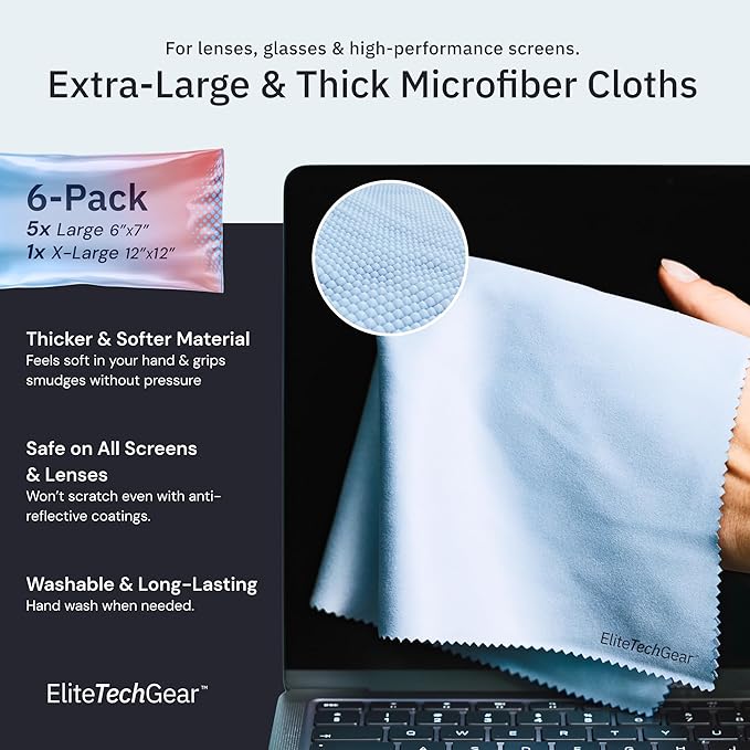 Elite Tech 6-Pack Oversized Microfiber Cloths for Electronic Devices, Eyeglasses, Screens and Lenses - Washable; 6×7 in & 12×12 in - Eyeglass Cloth - Glasses Cleaner
