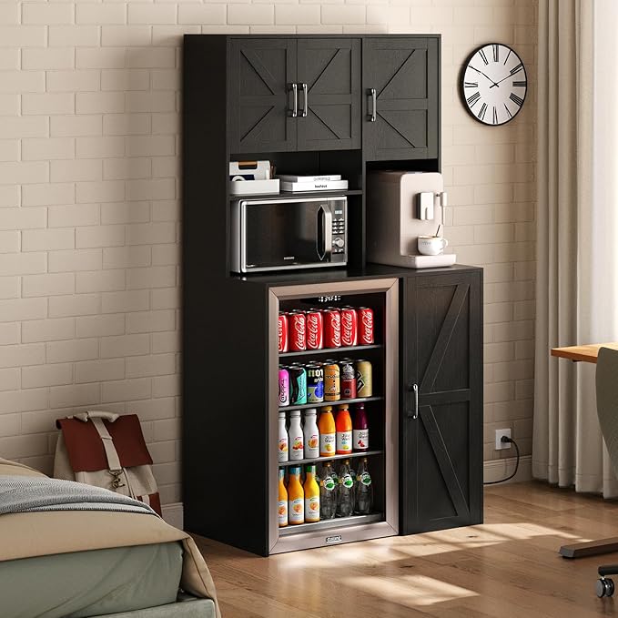 Mini Fridge Cabinet with Storage, Coffee Bar Cabinet with Mini Fridge Space and Outlet, Wine Bar Stand with Microwave Shelf, Beverage Station for Kitchen, Dorm, Office Black KH02MRB
