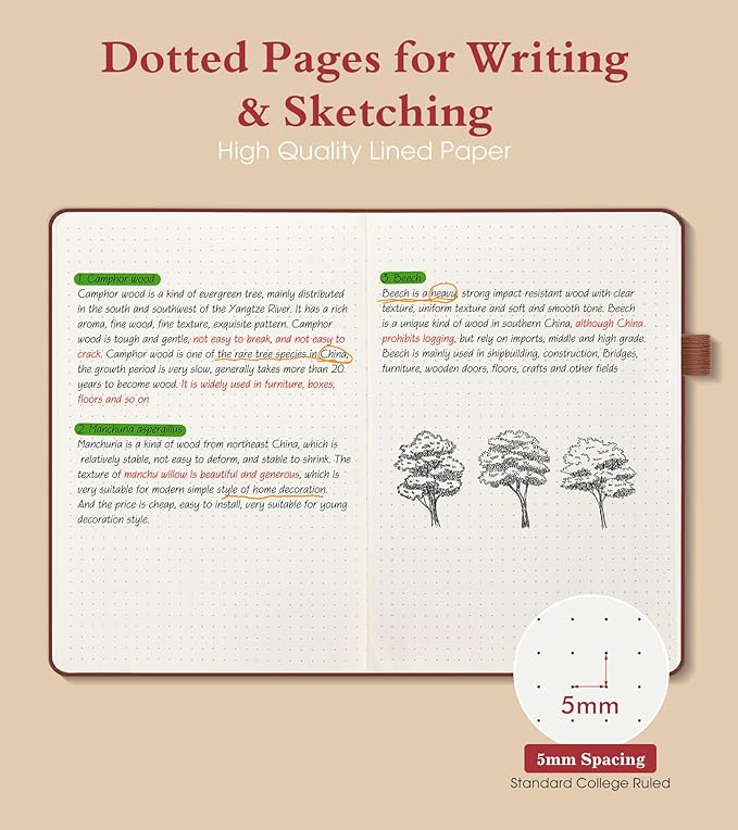 Dotted Journal Notebook for Women Men, 160 Pages Dot Grid Paper,Inner Pocket, A5 Hardcover Vintage Leather Notebooks for School, Work, Travel, Note Taking，Bullet Journaling 5.8"x8.5" (Brown)