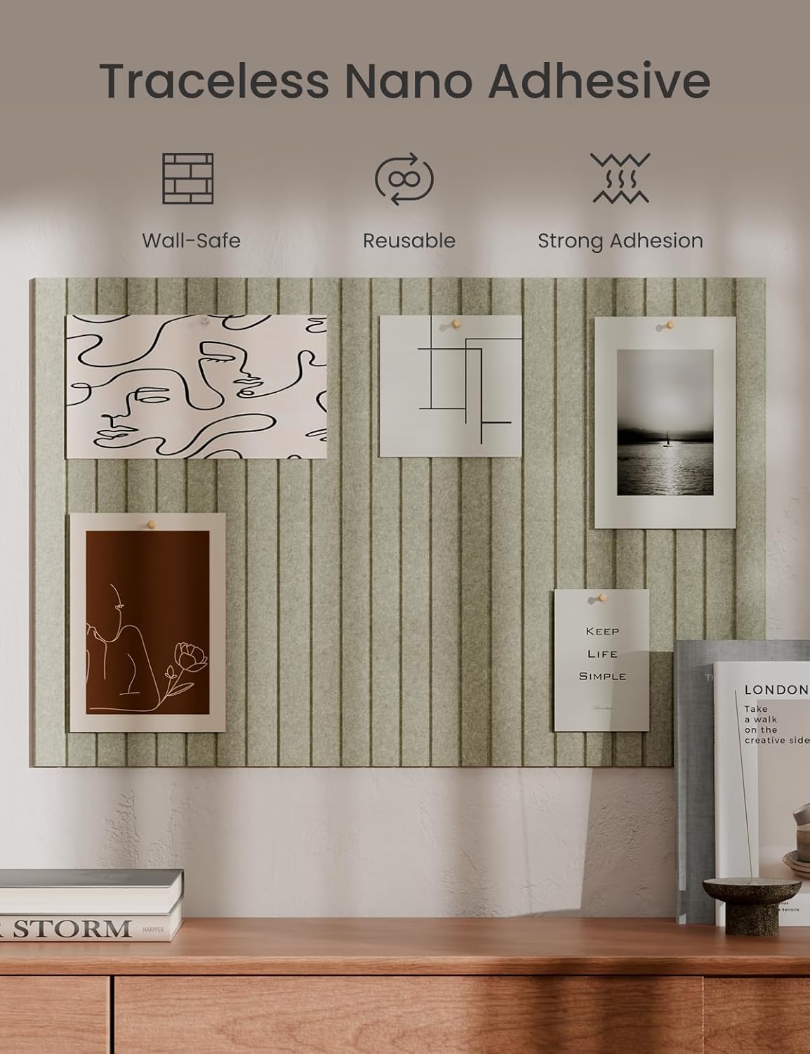 Bumusty Large Cork Board Alternative-36 x24 Felt Bulletin Board Tiles, with 30 Pushpins, 40 Adhesive Tabs, 6-Pack Slat Wall Paneling, Cork Boards for Office Push Pin Board Felt Board-Sage