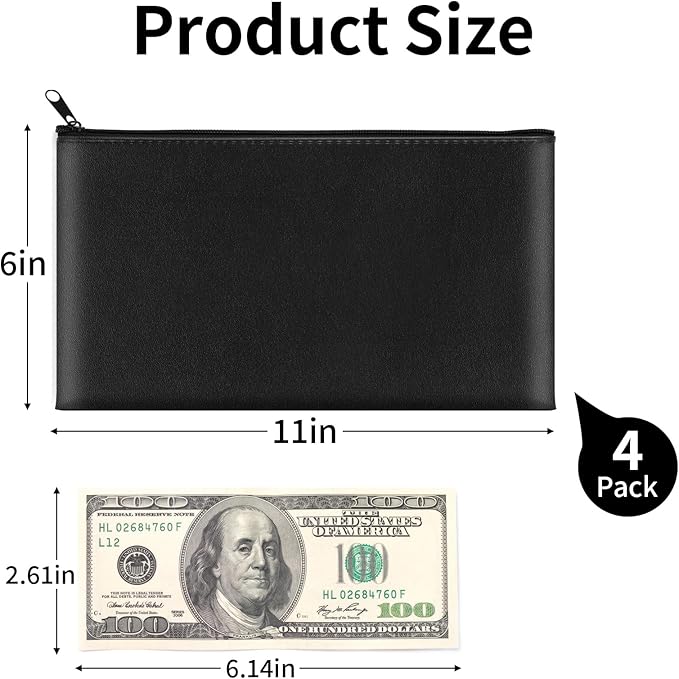4 Pack Money Bags with Zipper, 11x6.1 Inch PU Leather Cash Pouch, Secure Bank Bag for Coins, Bills, Checks, Invoices, Cosmetics, Tools (Black)