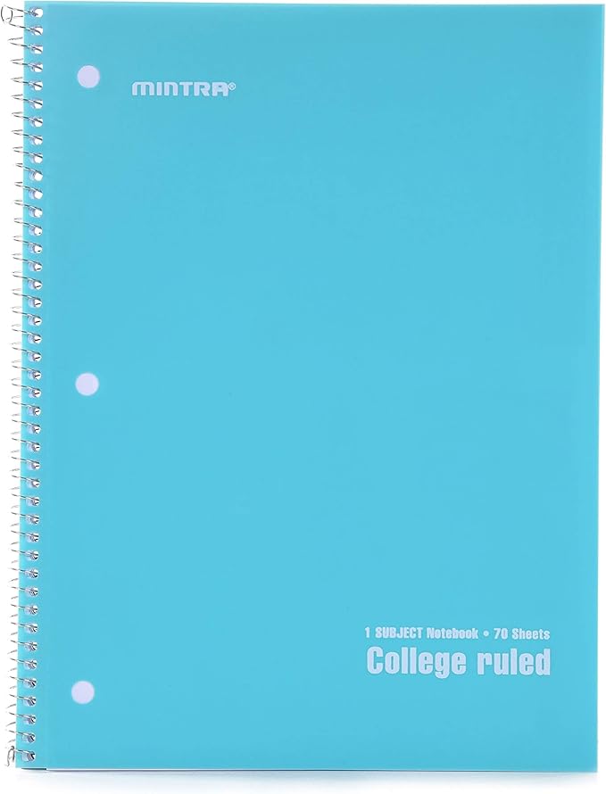 Mintra Office Spiral Notebooks - 1 Subject, 70 Sheets, College Ruled, 8in x 10in, Bulk Pack, PRIMARY Color Covers, Set of 6 - for School, Office, Business, Professional (4657)
