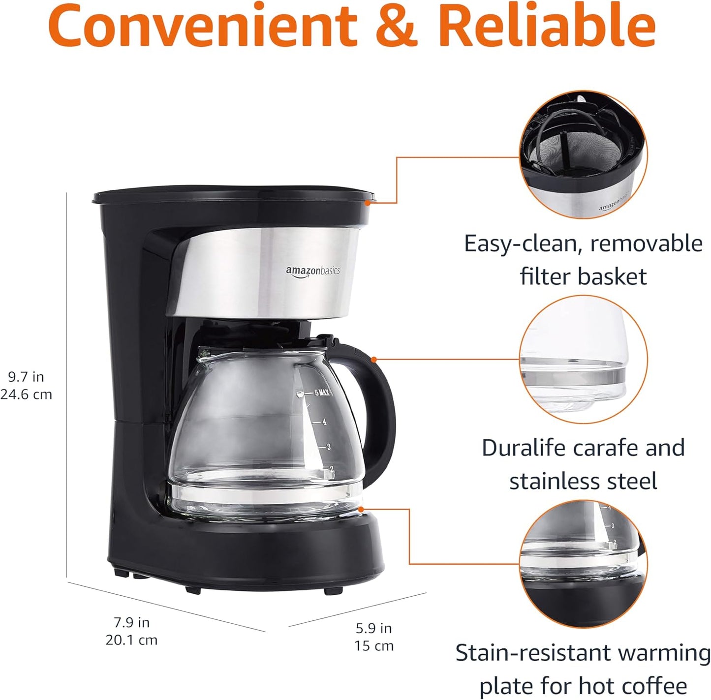 Amazon Basics Coffee Makers, 5-Cup Coffee Machines with Reusable Filter, Coffee Pots, Black & Stainless Steel