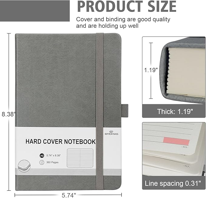 Lined Journal Notebook, 360 Numbered Pages(With page number), Thick Journal for Writing A5 College Ruled Notebook, 100gsm Lined Paper, Leather Hardcover, 5.75'' X 8.38''-Wall Gray