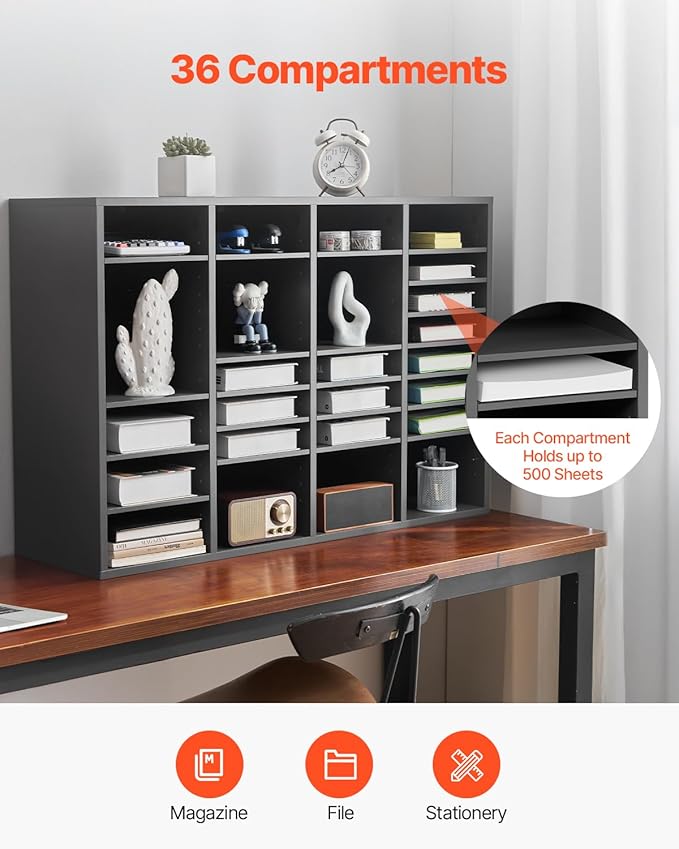 VEVOR Literature Organizer, 36 Compartments Office Mailbox with Adjustable Shelves, Wooden Mailbox Sorter Medium Density Fiberboard Office Home Classroom Storage for Files, Documents, Papers, Grey