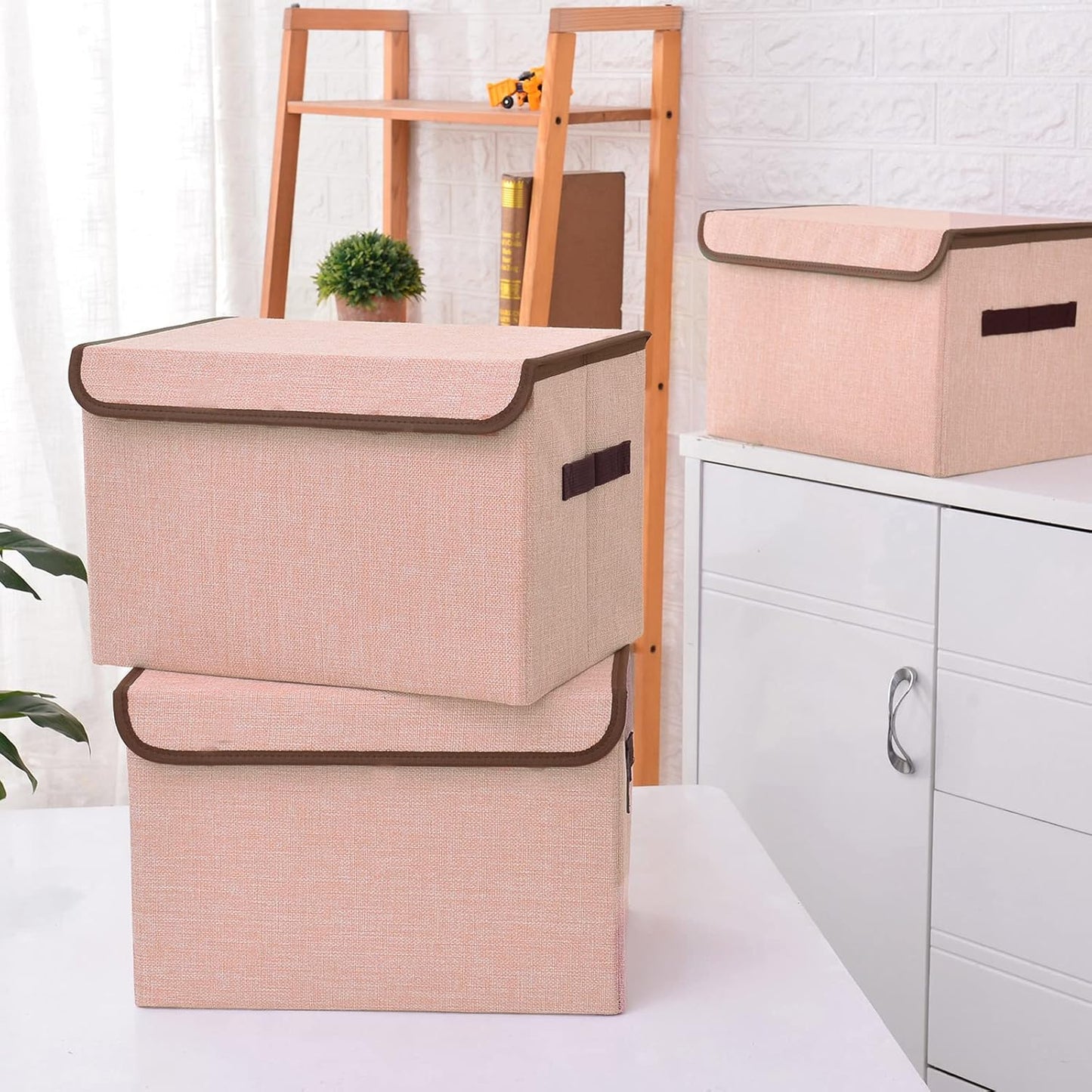 Linen Fabric Foldable Storage Cube Bin Organizer Basket with Flip-Top Lid & Handles, Large Clothes Blanket Box for Home, Office, Closet, Pink, 4 Pack 14.6 x 9.5 x 9.5”