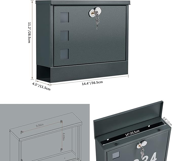 LAND·VOI Locking Mailbox Wall Mounted, Metal Postbox with Three Sets of Mail Box Number Stickers, 4 Keys, 14.4" x 4.5" x 11.2", Large Capacity, Anthracite Gray AMB11G