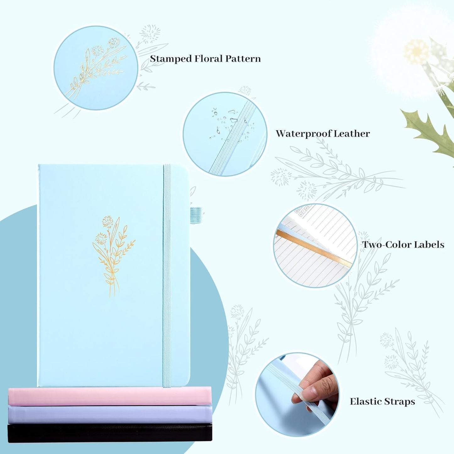 MINICAGIE 2 Pack Lined Journal Notebook for Women Cute Leather Journals for Writing Aesthetic Floral Diary 192 Pages A5 Hardcover Journaling Notebooks with Pen Loop, Blue, Purple