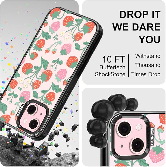 MOSNOVO Case for iPhone 15 Plus, [10ft 4X Military-Grade Drop Protection] Durable & Shockproof Phone Case Cover Design for iPhone 15 Plus / 14 Plus - Strawberry Garden - Clear Black