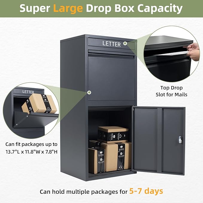 Package Delivery Boxes for Outside, Extra Large Capacity Modern Mailbox, Outdoor Freestanding Porch Box for Package (Black)