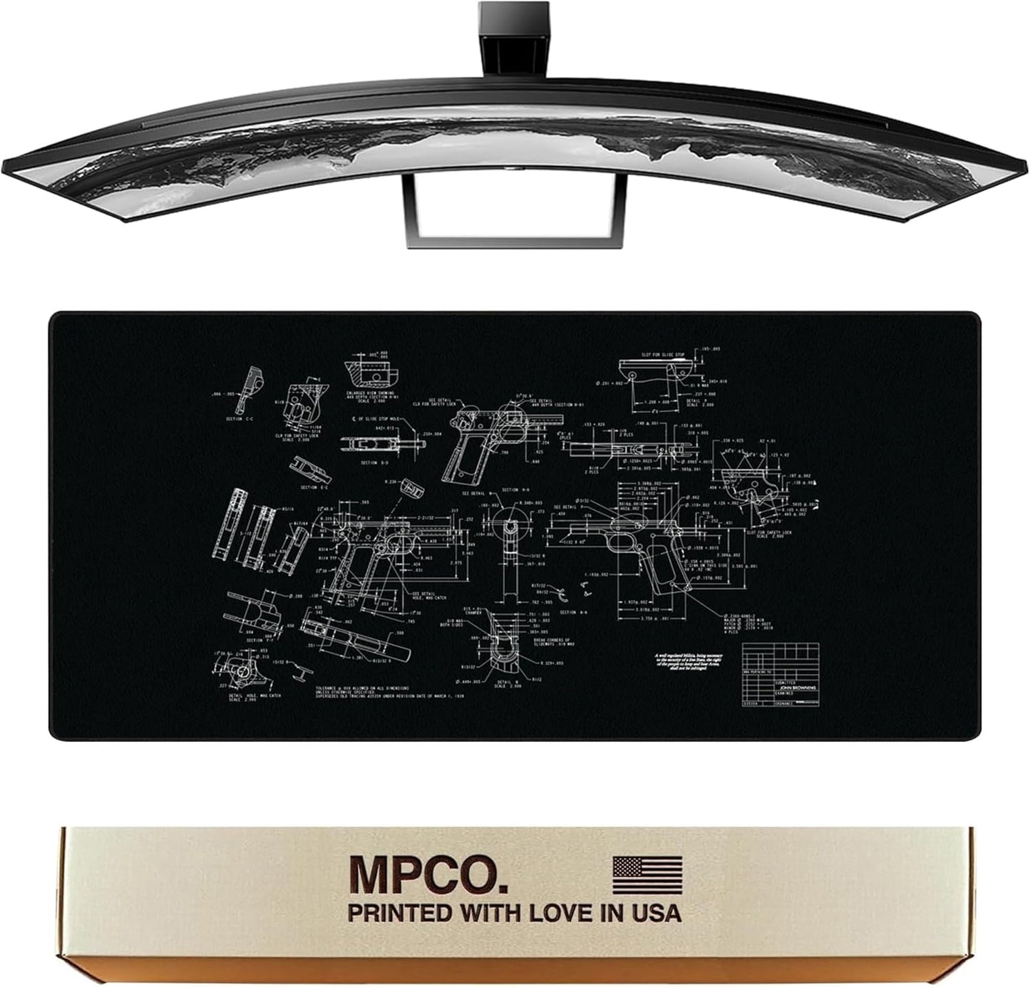 MPCO. Blueprints Large Gaming Desk Pad - 36" x 17" Aeroglyde Fabric Browning 1911 – Black Desk Mats - Non-Slip, Washable, Smooth Glide for Precision Gaming & Work