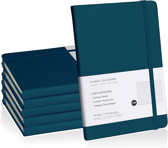 Lined Journal Notebook, 6Pack(Turquoise), 160 Pages, Medium 5.7 inches x 8 inches - 100 gsm Thick Paper, Hardcover