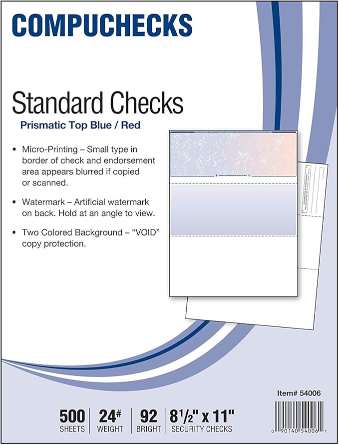 Business Voucher Check Stock - Versacheck Refills - 500 Sheets, Check on Top, Blue/Red Prismatic