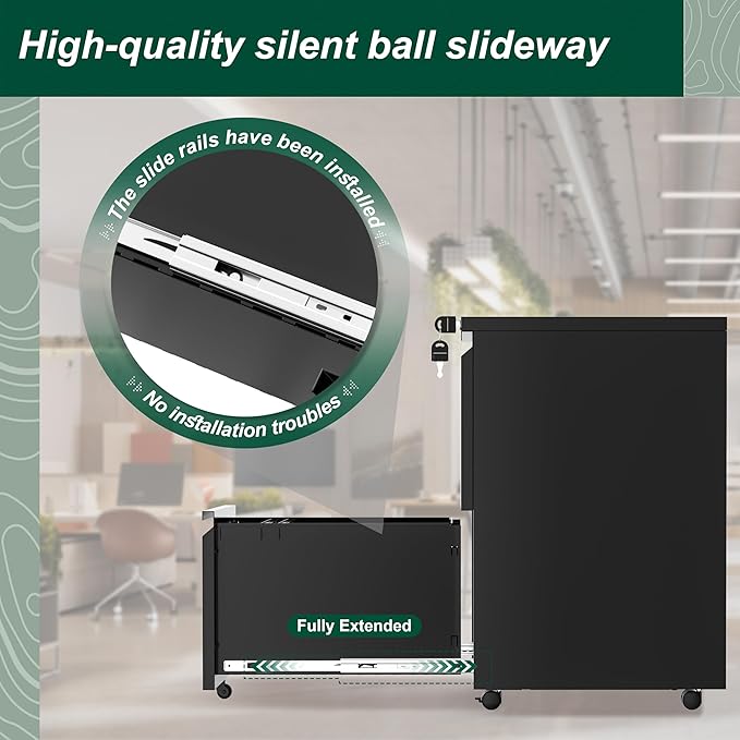 Superday 2 Drawer File Cabinet, Metal Rolling Filing Cabinet with Lock, Small File Cabinets with 2 Drawer, Filing Cabinets for Home Office Fit A4/Letter/Legal, Easy Assemble, Black