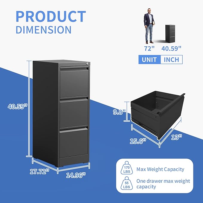 3 Drawer File Cabinet with Lock, Vertical File Cabinet with Lock, Locking File Cabinet Hanging Files for A4/ Legal/Letter, Require Assembly, Black