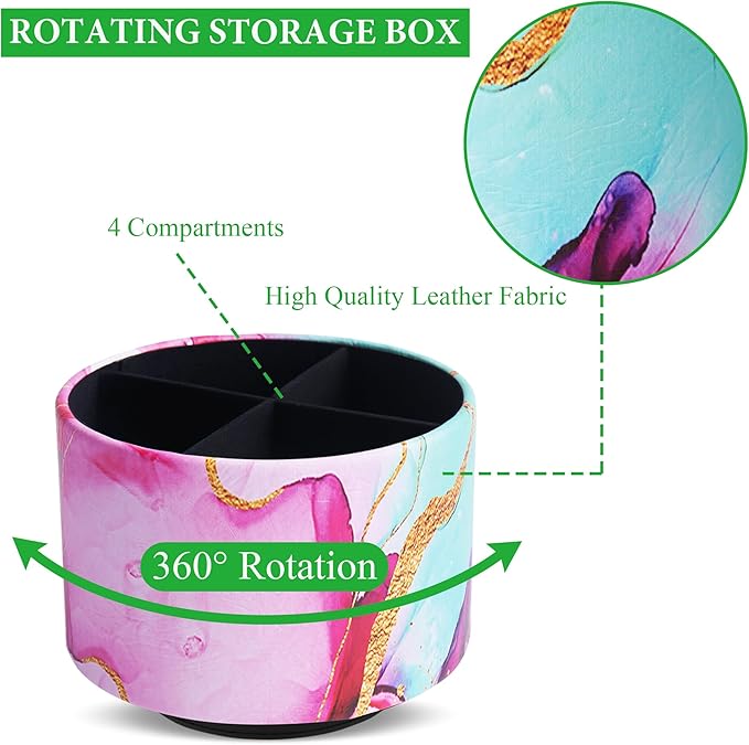 Round Leather Art Supply Organizer,Remote Control Holder,360-degree Rotating Pen Organizer with 4 Compartments(1-Red Green Splash Ink)