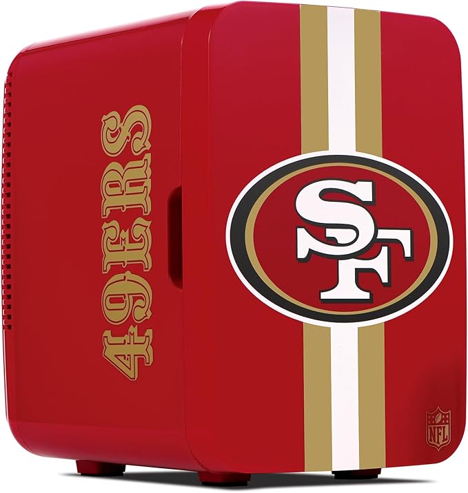 Ukonic NFL San Francisco 49ers 15-Can Mini Fridge 10L – AC/DC Powered, Official Team Colors & Logo, Portable Cooler for Tailgates, Home, Office, or Car
