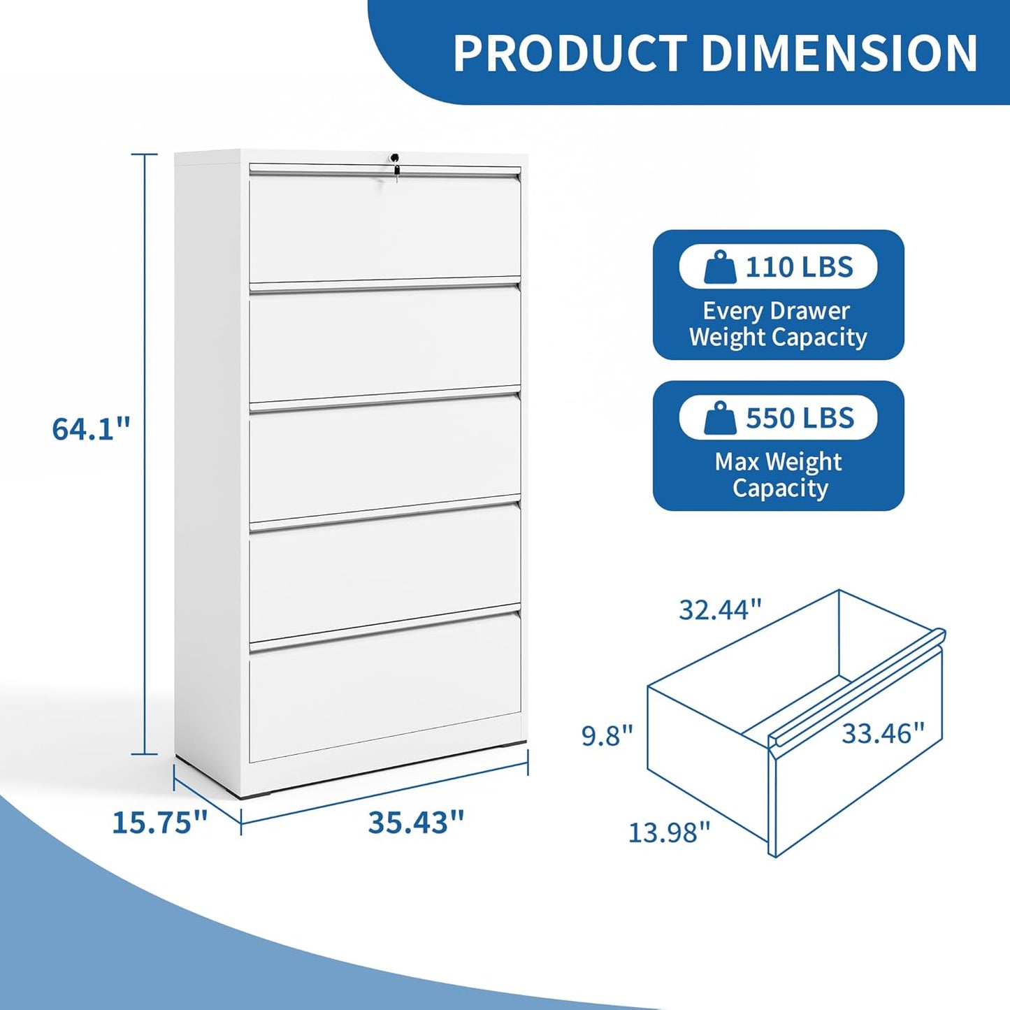 5 Drawer Lateral File Cabinet with Lock, File Cabinets for Home Office Legal/Letter A4 Size, File Cabinet Storage Cabinet, Require Assembly, White