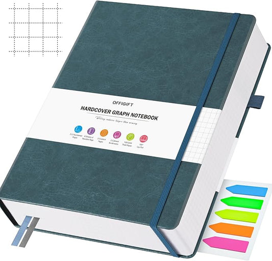 Graph Paper Notebook, 312 Numbered Pages B5 Hardcover Leather Journal, 100gsm No Bleed Grid Paper Notebook with Index Pages, Grid Notebook for Graphing Notes Math, 7.6'' X 10'', Grey Blue
