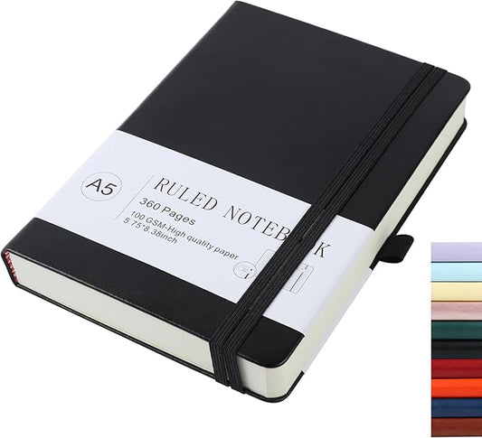 Journal Notebook Journal for Men/Women Journals for Writing A5 180Sheets 360Pages College Ruled Notebook 100gsm Lined Paper Leather Hardcover Journal 5.9'' X 8.4'' (Black)