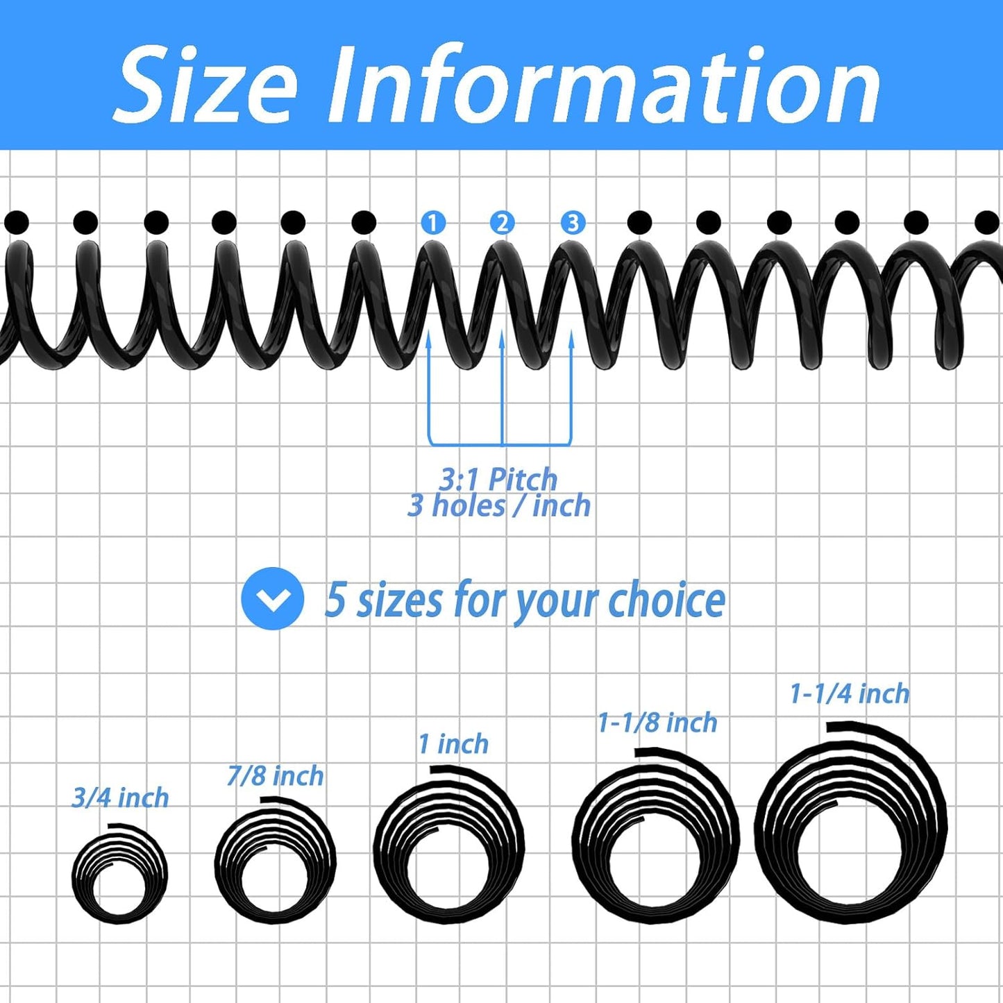 Rayson 22.2mm Plastic Spiral Coil Binding 3:1 Pitch, 7/8 inch, 190 Sheets Capacity Black Coil Binding Spines - Versatile for Office and Educational Tasks, Pack of 50