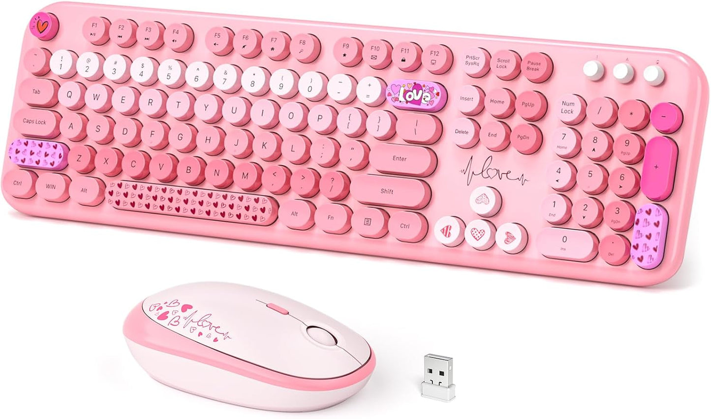 Wireless Keyboard and Mouse, Typewriter Full Size Keyboard with Number Pad and 2 in 1 USB Connected Mouse for Windows 7/8/10, Laptop, Desktop, PC, Computer (Pink Colorful)