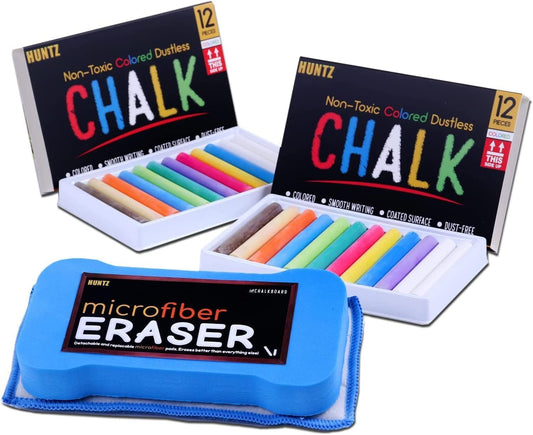 Huntz Dustless Chalk With Microfiber Eraser (Washable & Reusable) (24 Multi-Color Chalks + Eraser)