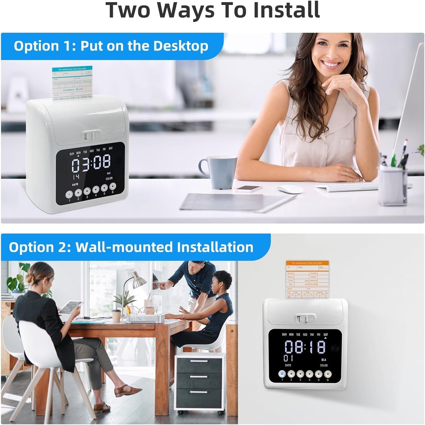 Time Clock Bundle for Small Business, Passcode Time Clock Punch Machine with 200 Time Cards, 4 Ink Ribbons, 2 Ten-Slot Time Card Racks, Auto-Align Clock in Machine for Employees