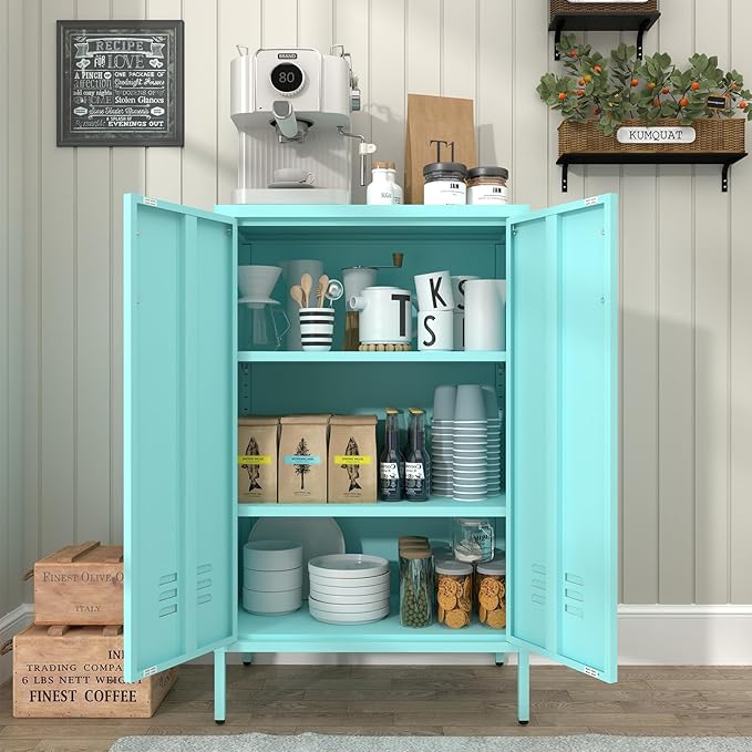 Locker Cabinet,Morden Locker Storage Cabinets with Legs,2 Doors Sideboard with Adjustable Shelves for Living Room,Kitchen Pantry,Office,Blue