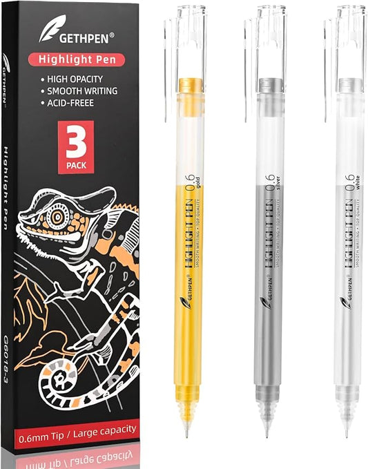 3 Colors 0.6mm Extra Fine Point Gel Pen Set – White, Gold & Silver Gel Ink Pens for Artists Drawing on Black Paper, Sketching, Bullet Journaling & Holiday Crafts