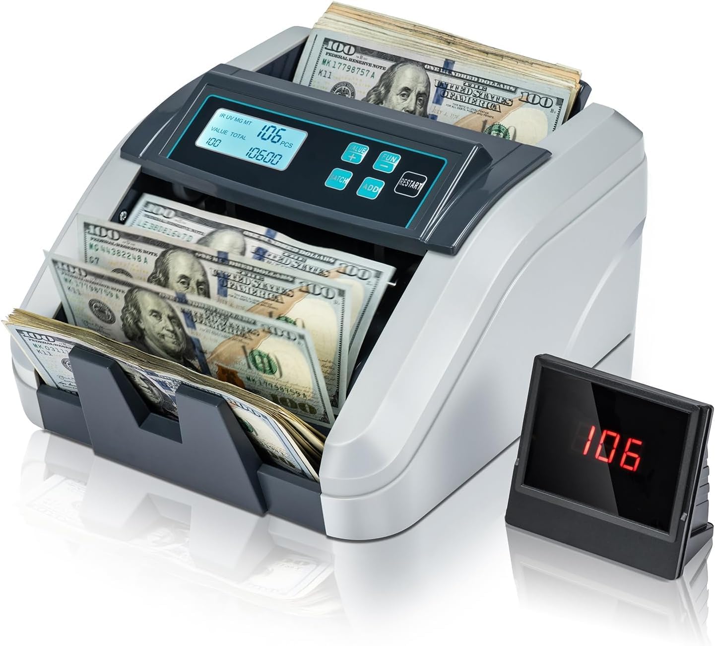 MUNBYN IMC51 Money Counter Machine Count Value, Add+Batch/Add+ Value Mode Bill Counter, UV/MG/IR/MT Detection, USD only Cash Counter,1100 Bills/min, Money Counting Machine with LCD Display (Gray)