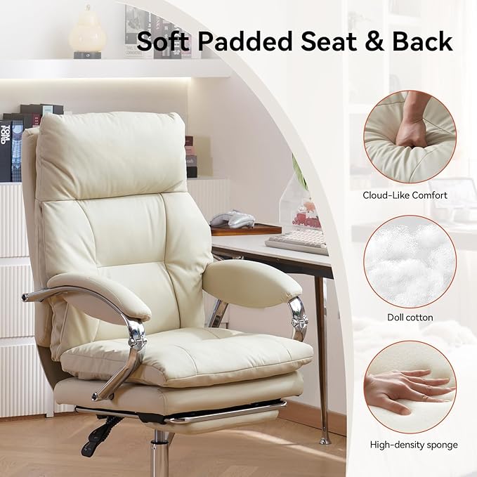 LEAGOO Office Chair with Foot Rest, Ergonomic Executive Office Chair with Arms, Reclining High Back PU Leather Comfy Swivel Computer Desk Chairs with Wheels and Lumbar Support for Home Office, Cream