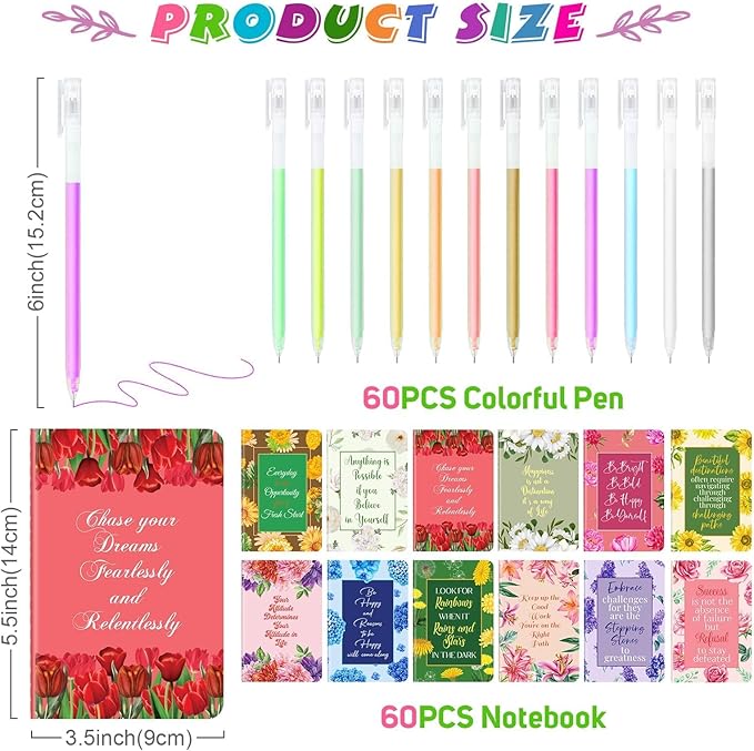 60 Pcs Mini Inspirational Notebooks Bulk with 60 Pcs Colorful Pens, Small Pocket Journal Notepads Set, Motivational Bulk Gifts for Women Men Teacher Student Kids,Fun School Office Supplies,3.5"x5.5"