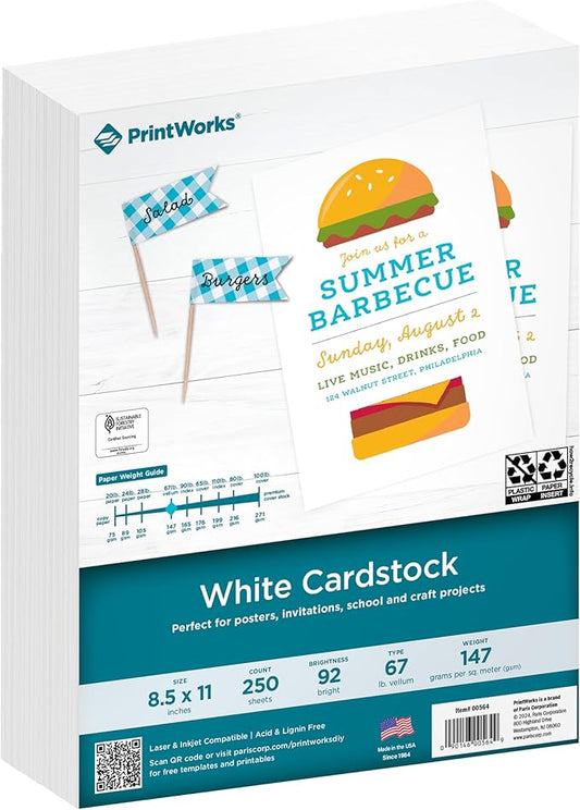 PrintWorks White Cardstock 8.5" x 11" - 67 lb/147 gsm Vellum Bristol - 250 Sheets - Made in the USA - SFI® Certified - 92 Bright - Card Stock Printer Paper for School, Craft, & Office Use (00564)
