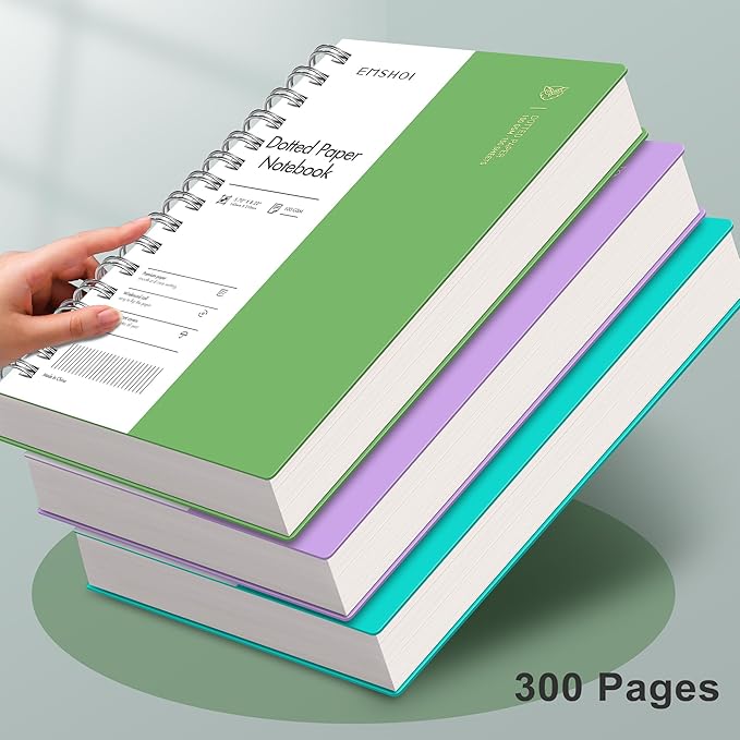 EMSHOI A5 Spiral Notebook Bullet Dotted Journal, Small 5.7" X 8.22", 300 Pages/150 Sheets, 100gsm Dot Grid Paper, Waterproof Hardcover, for Office School Women Men Work Writing Notes-Green