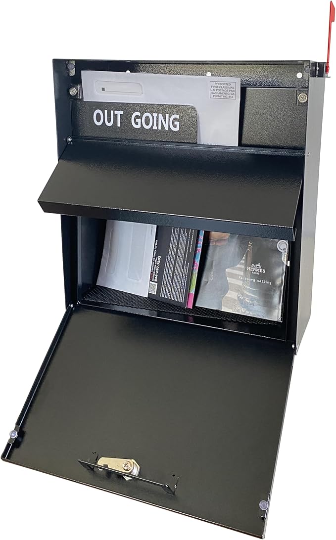 Rainproof Wall Mount Mailbox with Outgoing Mail Flag, Locking Security Galvanized Steel Drop Box for Residential & Commercial Use, Heavy Duty Payment Collection Box, Black