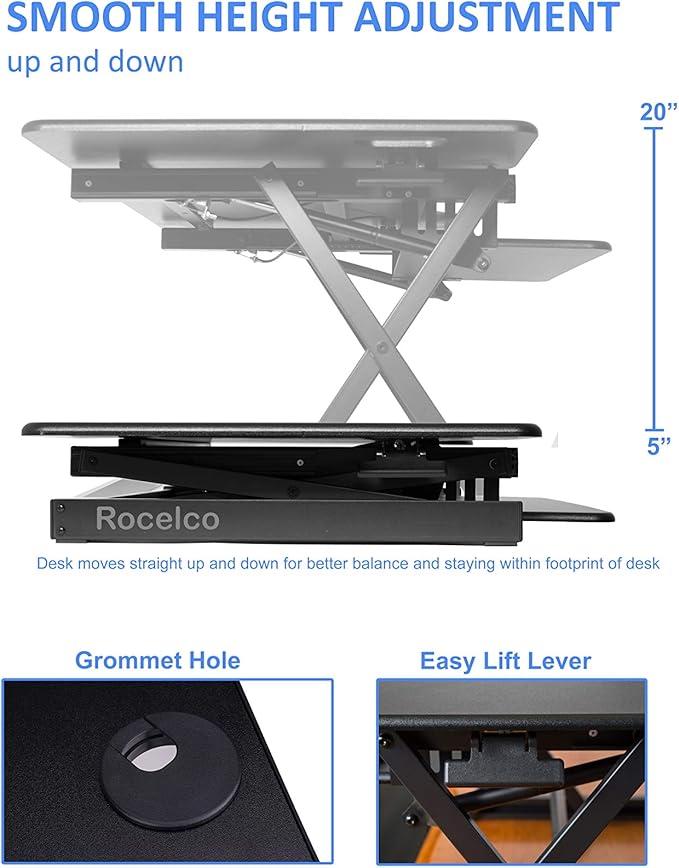 Rocelco 46" Large Height Adjustable Standing Desk Converter - Quick Sit Stand Up Triple Monitor Riser - Tall Gas Spring Assist Computer Workstation - Retractable Keyboard Tray - Black (R DADRB-46)