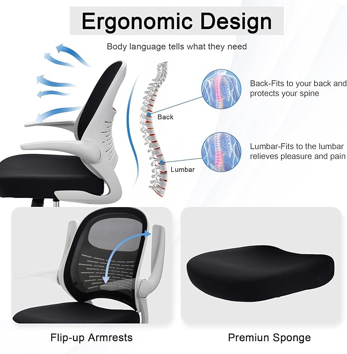 HYLONE Tall Drafting Chair Standing Desk Chair with Flip-Up Armrests, Adjustable Height Ergonomic Office Chair with Footrest Ring - High Stool Chair for Standing Desk (Black Mesh&White Base)